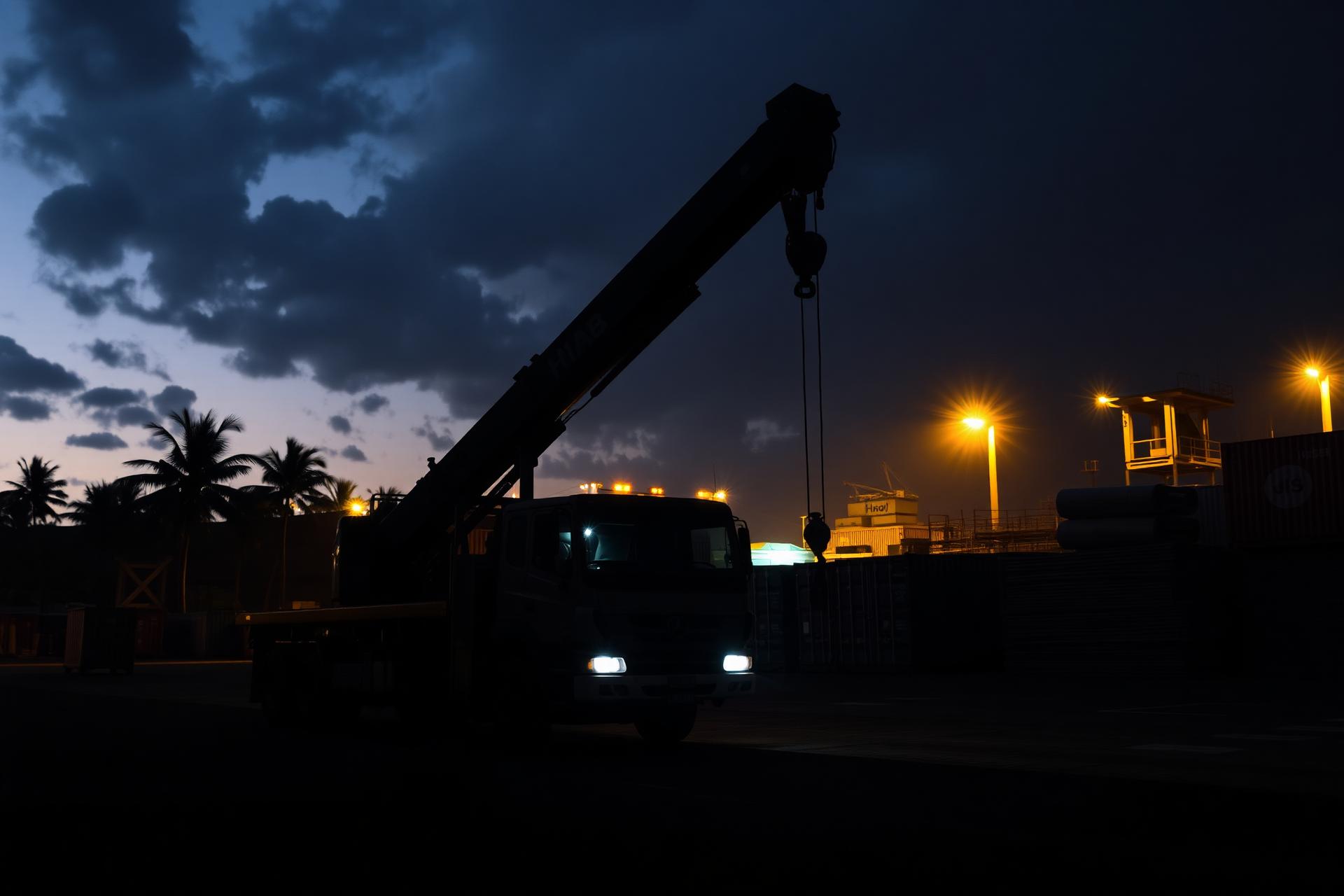 CIBS HIAB crane truck at the Rarotonga wharf at dusk
