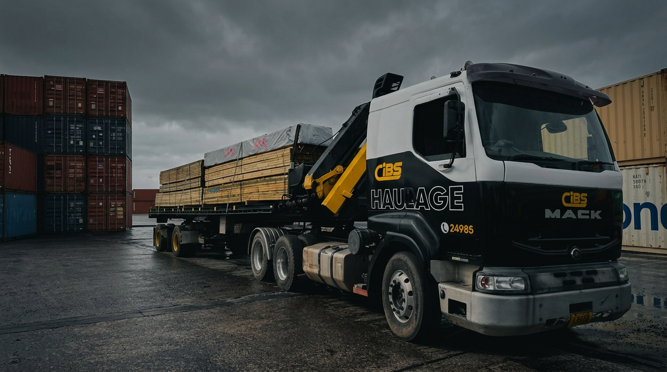CIBS fleet of delivery and HIAB trucks at the yard